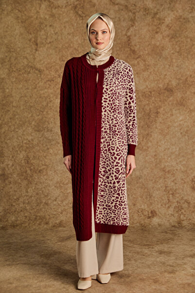 Setrms Leopar Desenli Agraf Kopçalı Uzun Triko Hırka