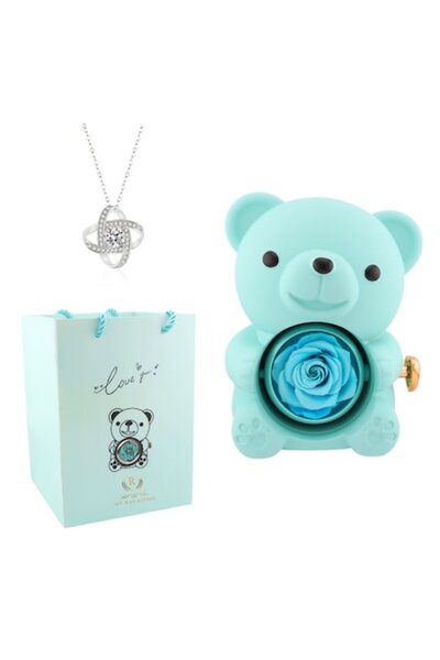 RAVADINO Ursuleț acrilic cu trandafir criogenizat și lanț din argint cu pandantiv Infinity, MyRavadino™, turcoaz