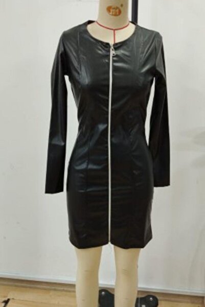 Mossta Μίνι δερμάτινο φόρεμα με μακρύ μανίκι με φερμουάρ - Μαύρο