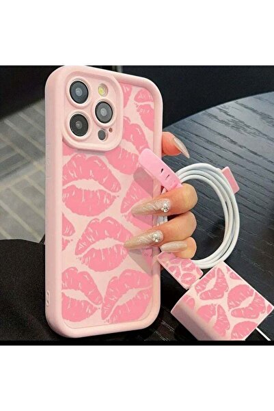 Generic iPhone 14 Plus Pink Kiss Pattern Phone Case + Cable Protectors