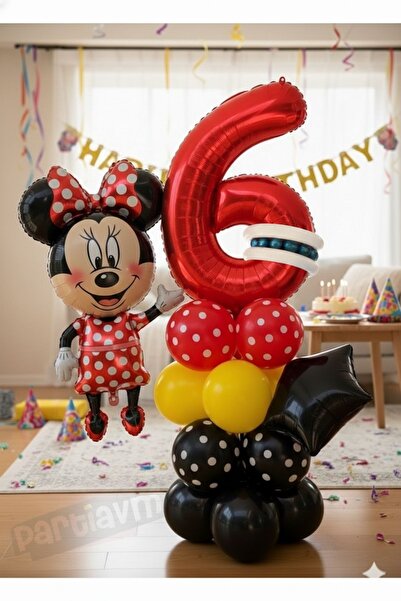 PARTİAVM 6 Yaş Kırmızı Rakam Balonlu Mickey Mouse Balon Seti Mini Miki Fare T...