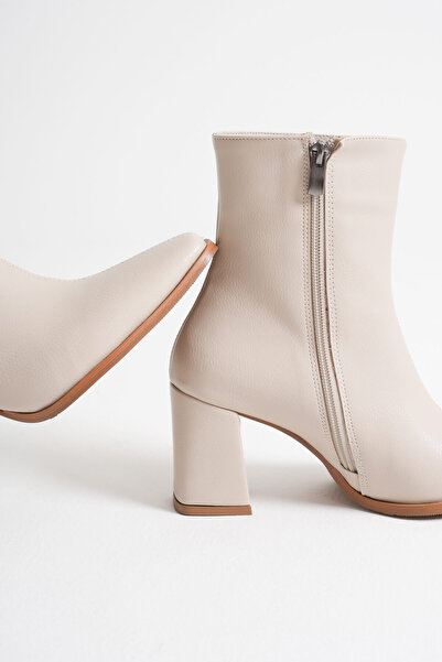 Zerenyus Mue Premium Women's Beige Thick Heeled Zippered Boots