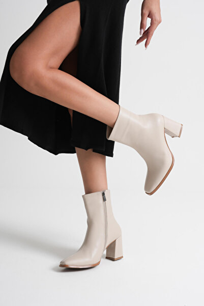 Zerenyus Mue Premium Women's Beige Thick Heeled Zippered Boots