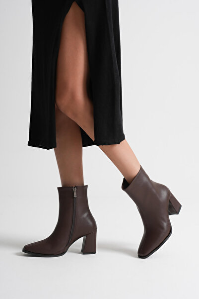 Zerenyus Mue premium women's dark brown chunky heel zip-up boots