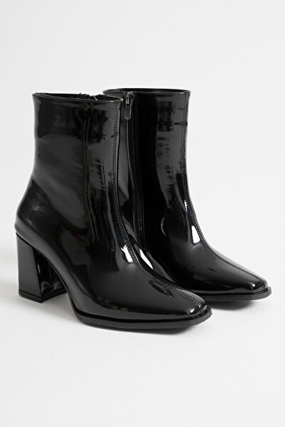 Zerenyus Mue premium women's black patent leather thick heeled zippered boots