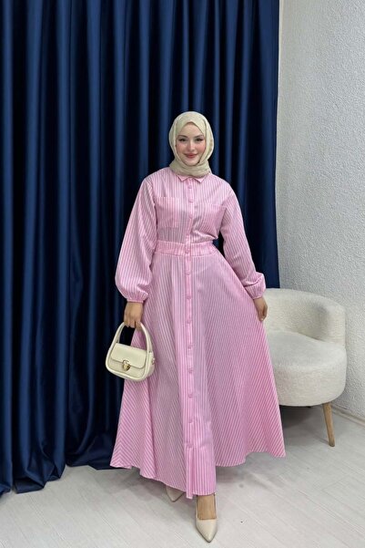 lurex moda فستان مخطط بأزرار كبس