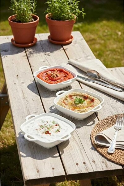 Tekbir 3'LÜ PORSELEN KULPLU KARE SUNUM VE MEZE TABAĞI 15x12.1x3.5