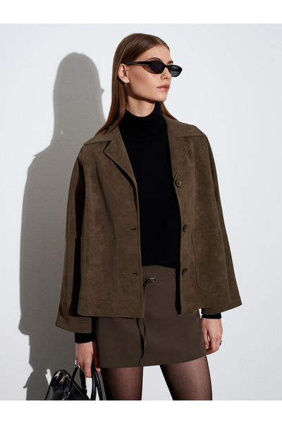 Dilvin 60777 Pocketed Suede Jacket-Khaki