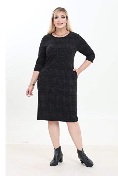 modayız Double Pocket Patterned Stretchy Winter Plus Size Midi Dress 22A-2753