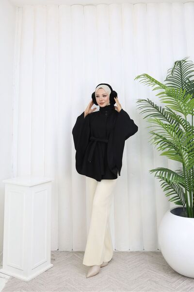 Rema Water-Repellent Imported Chestnut Fabric with Belt and Button Detail Poncho