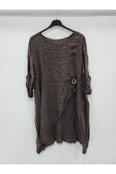 della moor Women's Brown Italian Deep Side Y Slit Long Linen Tunic