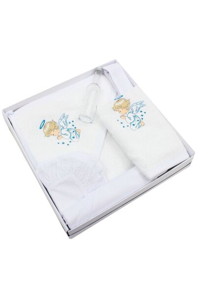 PRICHINDEL Set botez, 6 piese, înger turcoaz, bumbac, alb