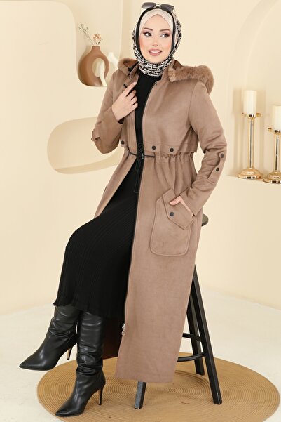 ModaMerve Kapüşonu Kürk Detaylı Kaban 6670YG95-MS Koyu Vizyon