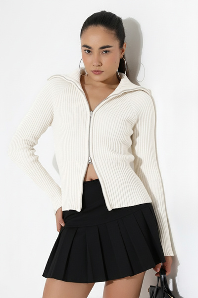 GND Women's Double Zipper Turn-Down Collar Design Cardigan