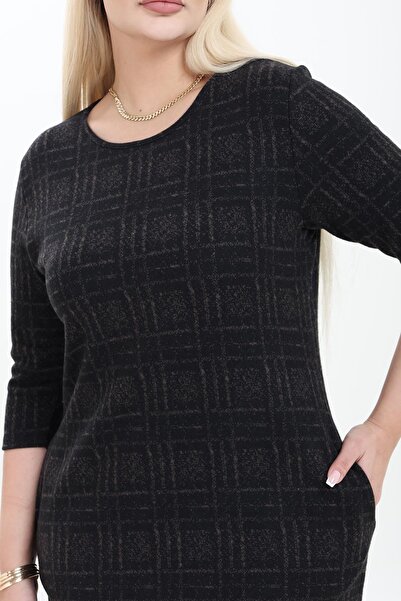 modayız Double Pocket Patterned Stretchy Winter Plus Size Midi Dress 22A-2753