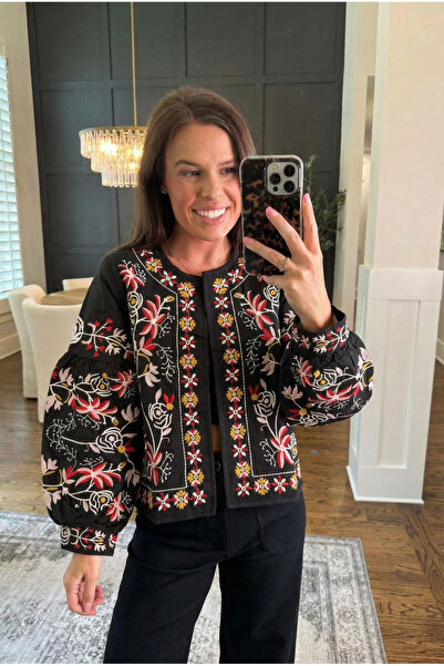 FEMELLE Women's Black Balloon Sleeve Embroidered Cotton Jacket