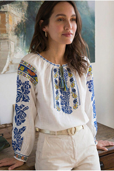 FEMELLE Women's White Collar Tassel Embroidered Cotton Blouse