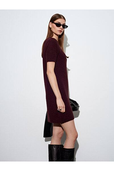 Dilvin 90257 guler rotund Rochie din tricotaje din amestec de lână-Roșu Claret închis