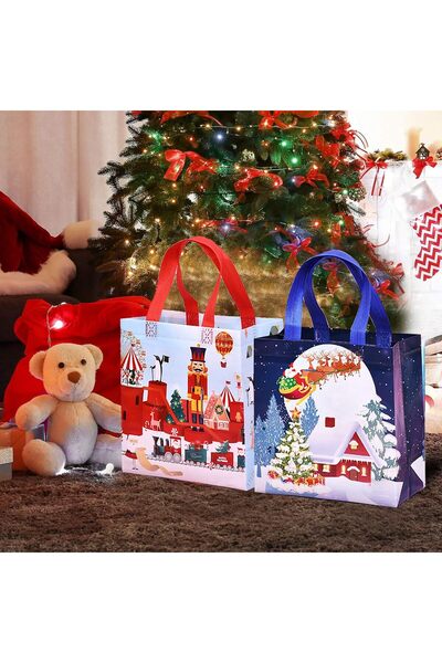 Generic 16 Pcs Non Woven Christmas Gift Bags Reusable Tote with Handles Waterproof Santa Snowman Treat Bag