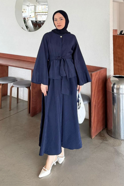 Tesettür Diyarı فستان فالس كورا تانسيل مُزَيَّد بتنورة - أزرق بحري