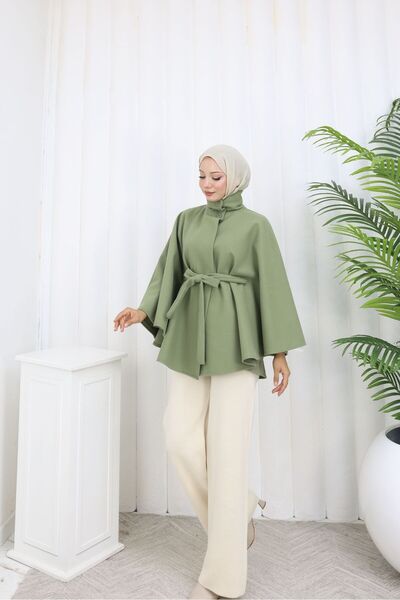 Rema Water-Repellent Imported Chestnut Fabric with Belt and Button Detail Poncho