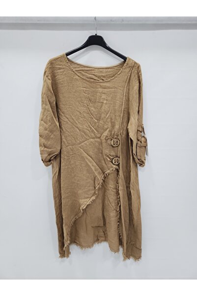 della moor Women's Camel Italian Deep Side Y Slit Long Linen Tunic