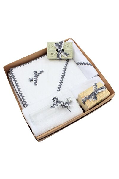PRICHINDEL Set botez din bumbac, Eli cu dantelă gri, 7 piese, alb