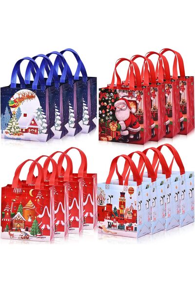 Generic 16 Pcs Non Woven Christmas Gift Bags Reusable Tote with Handles Waterproof Santa Snowman Treat Bag