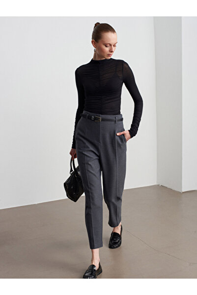 Dilvin 72198 Belted High Waist Trousers-Grey