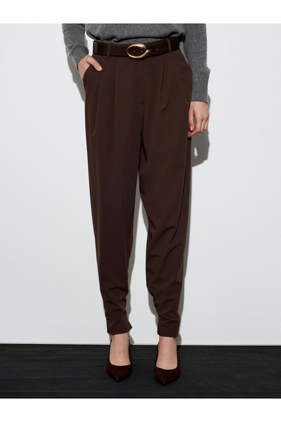 Dilvin 72228 Pleated Fabric Trousers-Brown