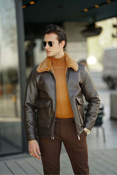 MODEFENDİ Men's Dark Brown Bag Pocket Full Fur Collar Brown Fur Detailed Leat...