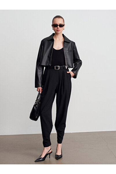 Dilvin 72228 Pleated Fabric Trousers-Black