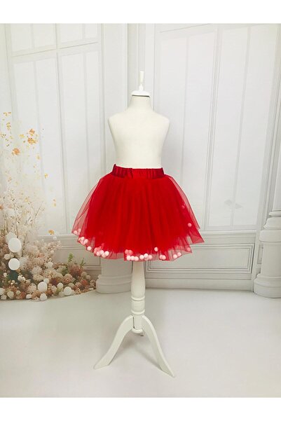 MadyaButik Christmas & Noel Party Girl's Red Tutu Costume Skirt with Moving White Pompoms