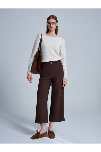 Dilvin 71276 Side Zippered Belted Fabric Trousers-Brown