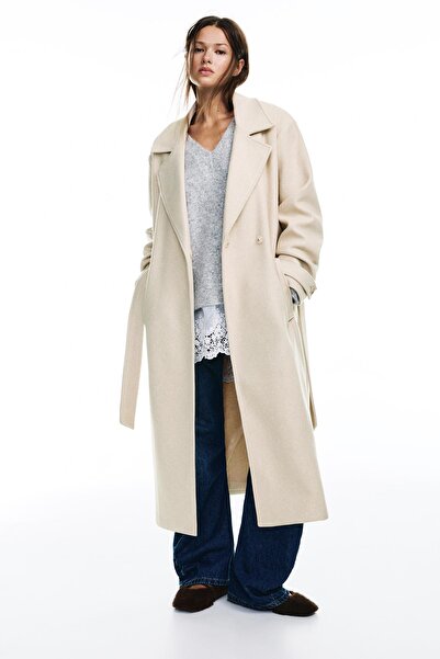 Pull & Bear Long felt texture coat with belt
