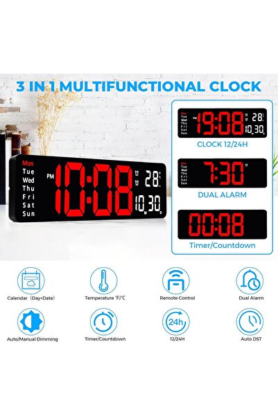 Generic 13" Digital Wall Clock with Remote, Dual Alarm, Timer, Temperature - Red