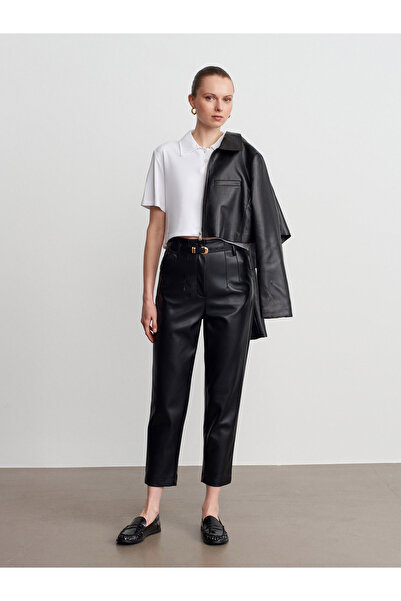 Dilvin 72226 Pantaloni din piele artificială cu talie înaltă cu centură-negru