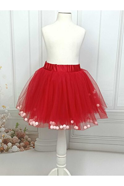 MadyaButik Christmas & Noel Party Girl's Red Tutu Costume Skirt with Moving White Pompoms