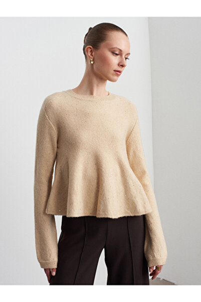 Dilvin 10832 Pulover tricotat cu sclipici peplum-bej