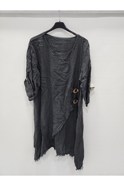 della moor Women's Anthracite Italian Deep Side Y Slit Long Linen Tunic