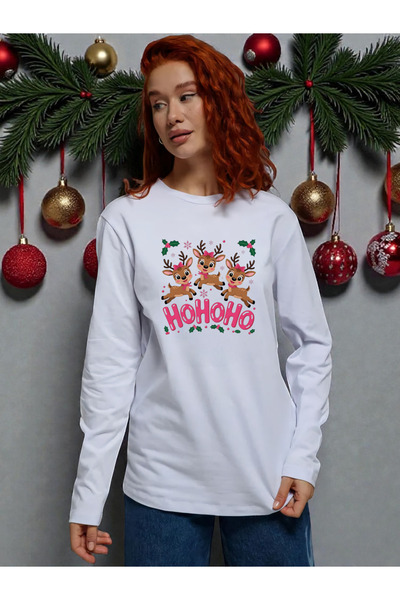 ELNOYA سويت شيرت مريح بأكمام طويلة للجنسين باللون الأبيض مطبوع من نوع 'HOHOHO'