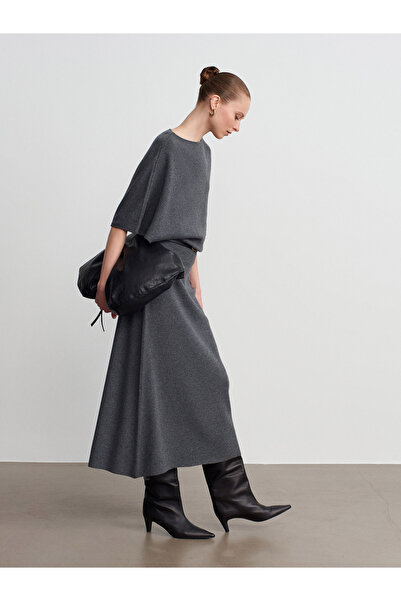 Dilvin 90266 Wool Blend Boat Neck Belted Knit Dress-Smoke M.