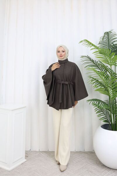 Rema Water-Repellent Imported Chestnut Fabric with Belt and Button Detail Poncho