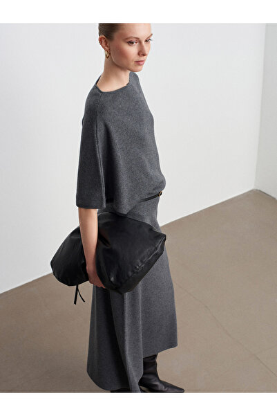 Dilvin 90266 Wool Blend Boat Neck Belted Knit Dress-Smoke M.