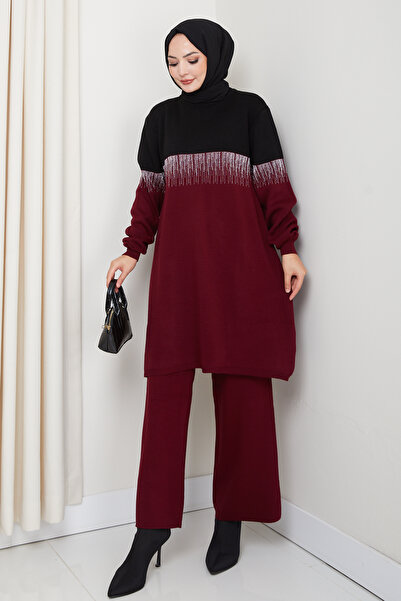 MODAQU Su Yolu Glitter Knitwear Tunic Trousers Set - Claret Red