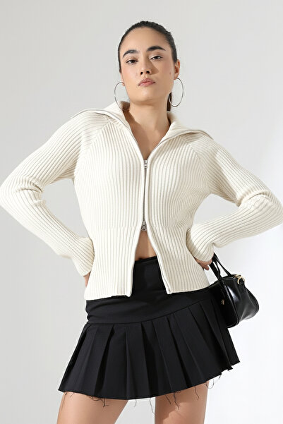 GND Women's Double Zipper Turn-Down Collar Design Cardigan