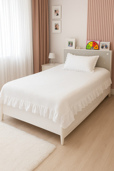 Pedimu Ruffle Detailed Knitted Pique Single Bedspread + Pillowcase (160×200 cm – 65×40 cm)