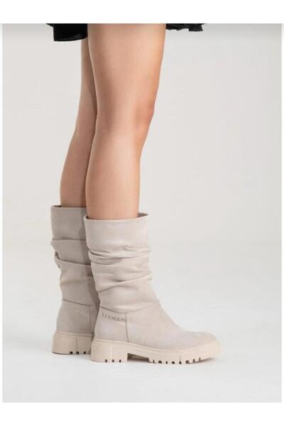 QUEEN Bej Süet Büzgülü Kadın Bot DEMONİ