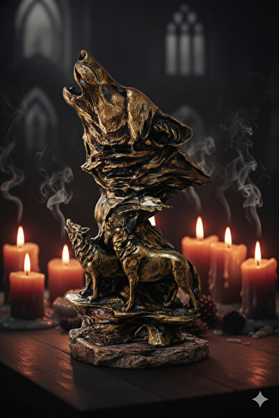 İNLAKECHANDMADE Dekoratif Kurt Heykeli 35 cm – Metalik Gold Siyah Tasarım, Ma...