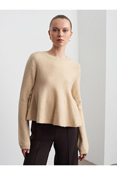 Dilvin 10832 Pulover tricotat cu sclipici peplum-bej